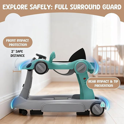 6 in 1 Foldable Baby Walker, Activity Baby Walker-Baby Bouncer, Rocker, Activity Center,Push Walker,Detachable Trampoline Mat, Adjustable Speed Rear Wheels and Height,Music & Lights,Ages 6-18 Months