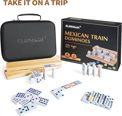 Mexican Train Double 12 Dominoes Set with 4 Wooden Trays/Racks in Portable Carrying Case Colorful 91 Tiles & 9 Trains Board Game for Family Game Night