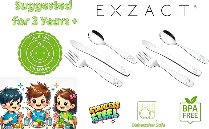 Exzact Children Flatware 6pcs, Stainless Steel Kids Silverware Toddler, Dishwasher Safe, BPA Free, 24M+, Engraved Ocean Creatures Dolphin, Turtle, Whale