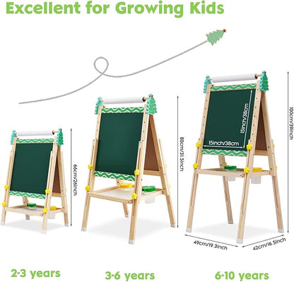 Kids Easel with Paper Roll Wooden Art Easel with Chalkboard & White Board Painting Accessories Storage Tray Double-Sided Board Height Adjustable