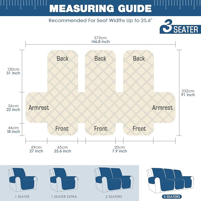 TAOCOCO Waterproof Recliner Couch Covers Sofa Slipcover for 3 Cushion Couch, Pet Sofa Cover for 3 Seat Recliner, Washable Reclining Sofa Cover Furniture Protector with Straps(3 Seater, Dark Blue)