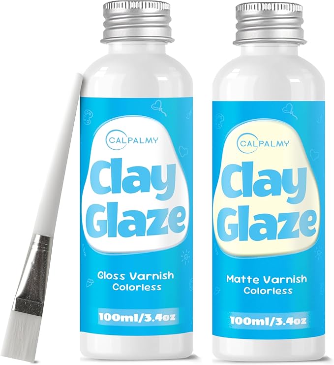 CALPALMY 2 x 100ml Clay Glaze Kit - Varnish Sealant for Pottery, Crafts, Polymer Clay, Acrylic Paint - Waterproof, Scratch-Resistant Clear Gloss for Air Dry Clay (Gloss+Matte)