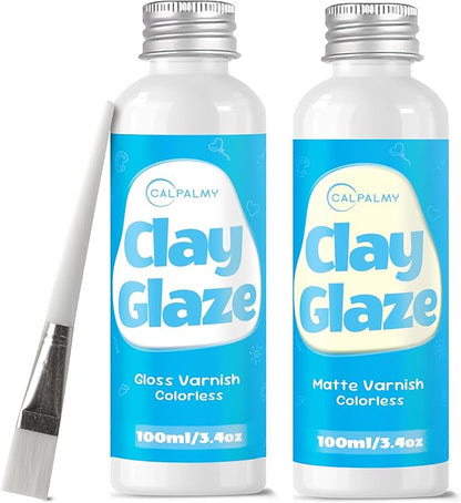 CALPALMY 2 x 100ml Clay Glaze Kit - Varnish Sealant for Pottery, Crafts, Polymer Clay, Acrylic Paint - Waterproof, Scratch-Resistant Clear Gloss for Air Dry Clay (Gloss+Matte)