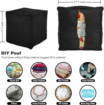 Louis Donné Unstuffed Pouf Ottoman Cover for Storage Black Square Poofy Ottomans Foot stool for Living Room Floor Cushion, Premium Corduroy Fabric, Footrest for Couch and Single Sofa 17.7"(Only Cover)