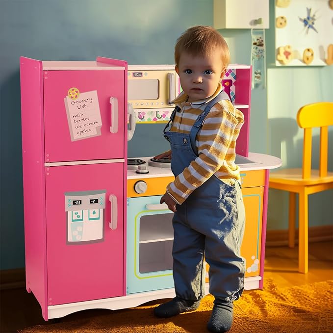 Kitchen Playset for Kids Ages 3-8, Wooden Pretend Play Kitchen for Toddlers, Including Telephone, Ice Maker, Refrigerator, Dimensions: 35” H x 31” W x 12” D (Multicolored)