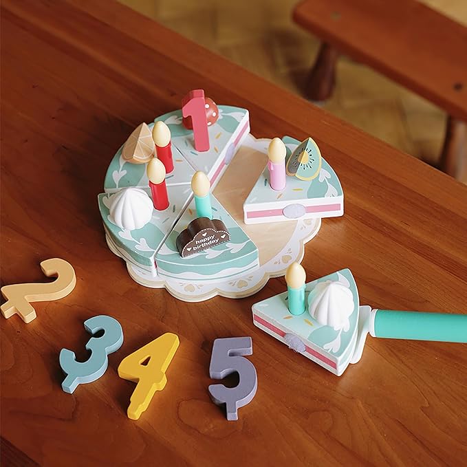 Wooden Birthday Cake Play Food Set Toys, Pretend Play Kids Tea Party Set for Little Girls Toddlers, Montessori Wooden Play Kitchen Accessories Sets for Kids (Birthday Cake)