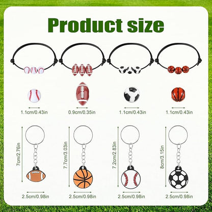 40pcs Sports Party Favors, 20pcs Sports Keychains & 20pcs Sports Bracelets with Football Basketball Rugby Baseball Sport Theme Thank You for Coming Gifts for Sports Party Supplies