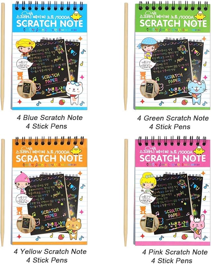 POKONBOY 16 Pack Scratch Arts and Crafts Notebooks, Scratch Note Pads for Kids Rainbow Party Favors Coloring Books for Kids Art Party Supplies Stocking Stuffers（16 Wooden Stylus & 4 Drawing Stencils）