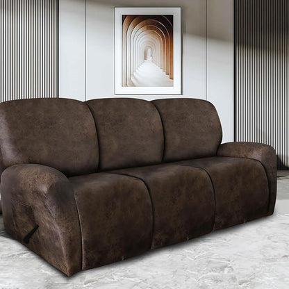 Leather Look Recliner Couch Cover 8-Piece Recliner Sofa Slipcovers 3 Seater for Reclining Couches Furniture Protector Spandex Fabric Washable (Recliner Sofa, Brown)