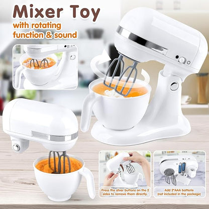 Play Kitchen Appliances Toys, Kids Kitchen Playset Accessories, Pretend Play Toy Sets with Coffee Maker, Mixer, Toaster with Realistic Lights & Sounds, Gifts for Boys Girls Toddlers Ages 3+, White