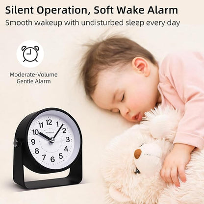 Analog Alarm Clock, Silent Non-Ticking Quartz Movement, Battery-Operated with Snooze & On-Demand Light, Easy to Set Gentle Wake Bedside Desk Clock, Ideal for Home, Travel, Office (Black)