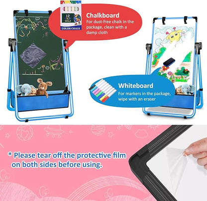 Kids Easel Double-Sided Art Easel with Paper Clip Height Adjustable Whiteboard & Chalkboard 360°Rotating Standing Art Easel for Kids Gift for Boys and Girls Toys for Ages 2-4