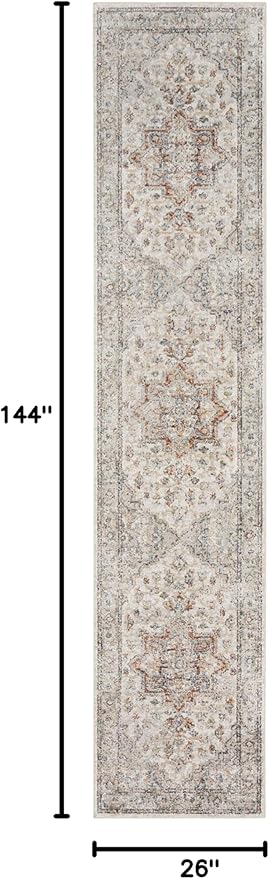 Nourison Astra Machine Washable Traditional Grey/Multi 2'2" x 12' Area Rug, Easy Cleaning, Non Shedding, Bed Room, Living Room, Dining Room, Kitchen (2x12)
