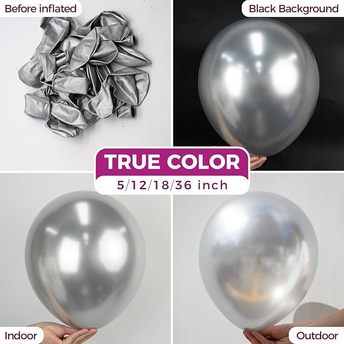 Bezente Silver Metallic Chrome Latex Balloons, 100 Pack 12 inch Silver Round Helium Balloons for New Years Wedding Anniversary Bridal Shower Birthday Bachelorette Engagement Party Decorations