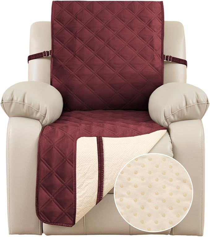 TOMORO Non-Slip Recliner Sofa Cover - 100% Waterproof Recliner Chair Slipcover Furniture Protector, Washable Couch Cover with Elastic Straps for Dog and Kids, Burgundy, 23 Inch Middle