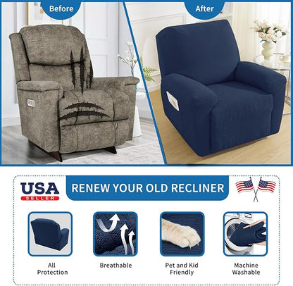 XINEAGE 4 Pieces Recliner Cover Stretch Jacquard Recliner Chair Covers Soft Recliner Slipcovers with Pocket for Kids and Pets, Washable Couch Cover (Recliner, Navy Blue)