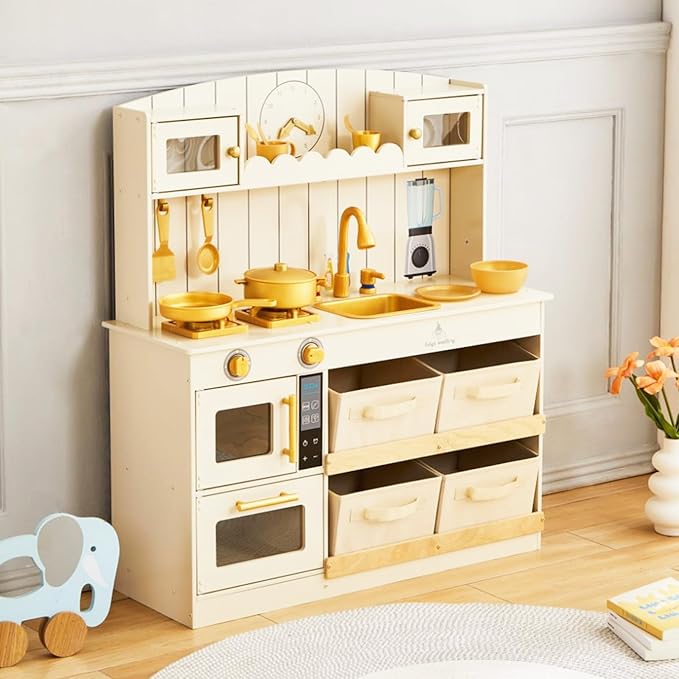 Play Kitchen for Kids, Wooden Play Kitchen with Fabric Storage Bins, Sink and Burner, Microwave Oven, Toy Kitchen Set with Plenty of Play Features Accessories, Gifts for Ages 3-8