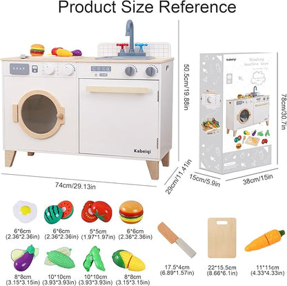Kids Play Kitchen - Wooden Multi-Function Washing Machine for Kids Kitchen Playset - Pretend Toddlers' Kitchen Toy Washer with Accessories - Perfect Baby Gift for Ages 3-8