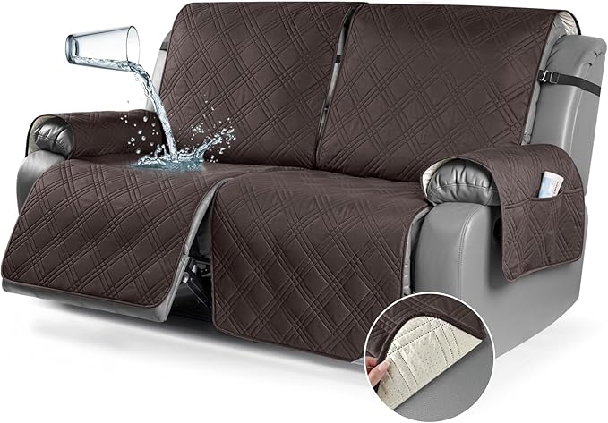 TAOCOCO 100% Waterproof Oversized Loveseat Recliner Cover, Non Slip Split Loveseat Covers for Reclining Loveseat with Elastic Straps for Kids Pets(Oversized 2 Seater, Chocolate)