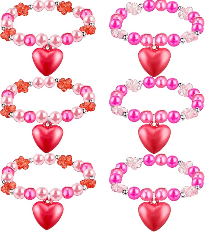 6 PCS Valentine's Day Girls Beaded Bracelets Cute Chunky Bubblegum Bracelets Heart Pendant Crystal Beaded Bracelet for Birthday Photo Props Costume Party Favors, Pink and Red