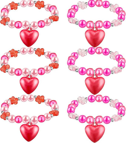6 PCS Valentine's Day Girls Beaded Bracelets Cute Chunky Bubblegum Bracelets Heart Pendant Crystal Beaded Bracelet for Birthday Photo Props Costume Party Favors, Pink and Red