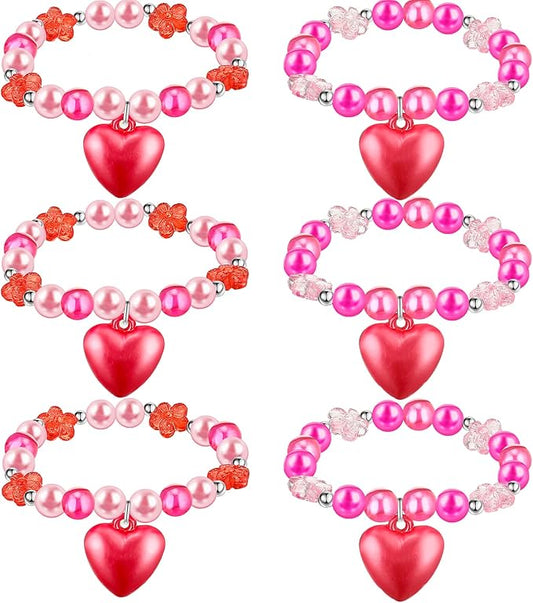 6 PCS Valentine's Day Girls Beaded Bracelets Cute Chunky Bubblegum Bracelets Heart Pendant Crystal Beaded Bracelet for Birthday Photo Props Costume Party Favors, Pink and Red