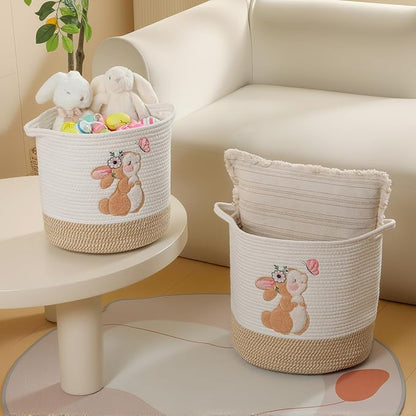 INough Large Blanket Baskets for Living Room, Bunny Baskets Toy Storage Basket Woven Cotton Rope Basket for Kids, Toys Organizer Clothes Hamper with Embroidery, Laundry Hamper Nursery Decor ( Large )