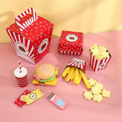 Wooden Fast Food Burger Fries Deluxe Dinner Set, Kitchen Pretend Play Accessories Toy, Realistic Burger Fries Pretend Play Food Set Toy House Props Educational
