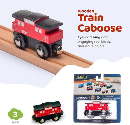 inc. Wooden Train Caboose, Rolling Caboose Car with Magnetic Connector, Brightly Painted Red Wooden Car, Compatible with Thomas & Friends, BRIO, and Major Brand Wooden Railways