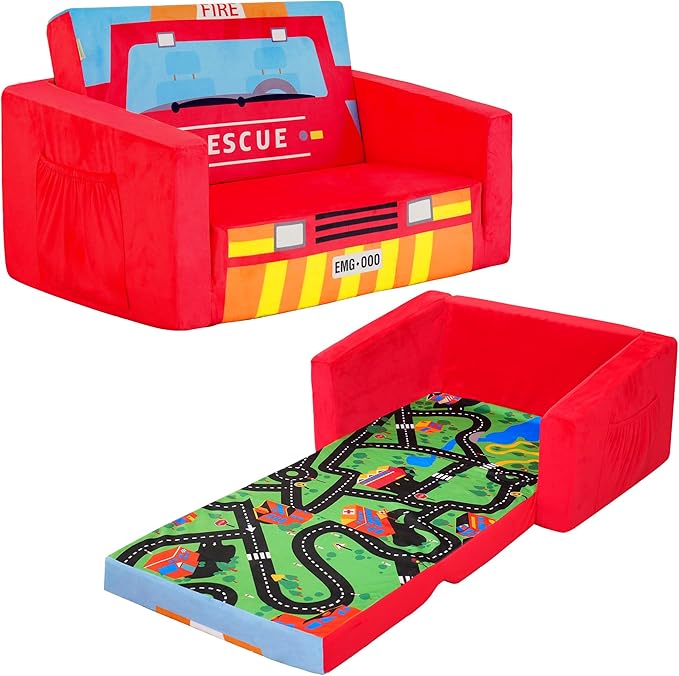 MallBest Kids Sofas Children's Sofa Bed Baby's Upholstered Couch Sleepover Chair Flipout Open Recliner(Red/Fire Truck)