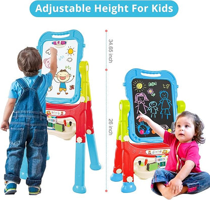 Kids Easel, Adjustable Standing Kids Easels for Toddlers, Double Magnetic Drawing Board with Painting Accessories, Present for Little Boys and Girls Age 3 4 5, Blue