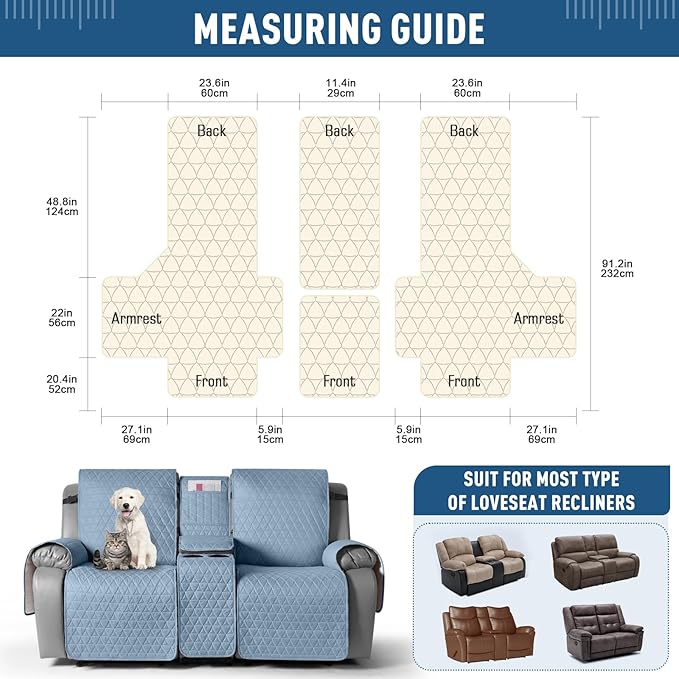 TAOCOCO 100% Waterproof Recliner Cover -Loveseat Recliner Cover with Center Console,Non-Slip Reclining Couch Covers for 2 Seat,with Elastic Straps Pocket for Kids, Dogs(Sky Blue, 2 Seater XL)