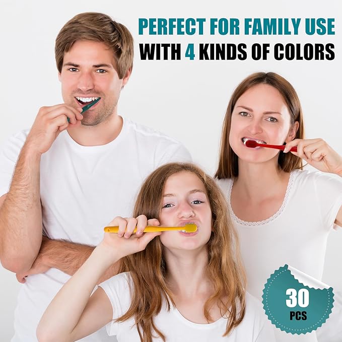 30pcs Individually Wrapped Bulk Toothbrushes, Colorful Manual Disposable Travel Toothbrush Set for Adult, Kid, Medium Soft Bristles, for Travel, Hotels (4 Colors)
