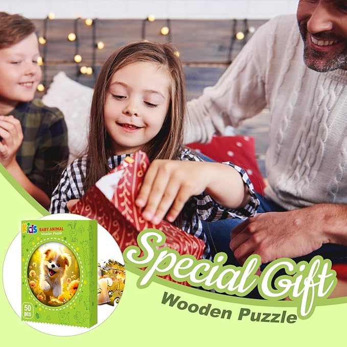 Wooden Jigsaw Puzzles for Kids Ages 4-6, 50 Piece Unique Shape Animal Theme Puzzle - Preschool Learning Educational Toys for Kids 3+, Valentines Day Birthday Easter Gifts for Kids Girls Boys (Puppy)