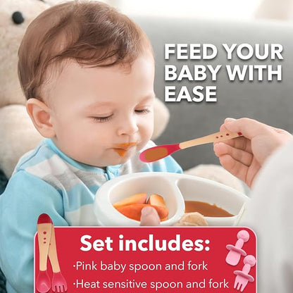 4 piece set of silicone spoon/fork and heat sensitive Baby Utensils Self Feeding Chewable Toddler Training