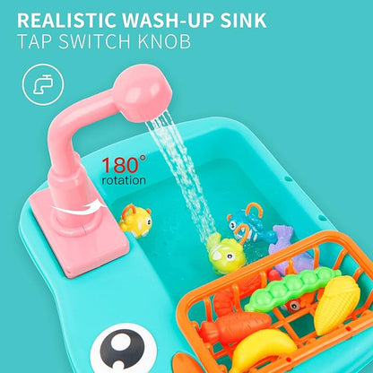Ruibytree Play Kitchen Sink Toy, Water Toys for Kids with Electronic Dishwasher, Pretend Play Utensils Accessories and Play Cutting Food for Boys and Girls (Dinosaur)