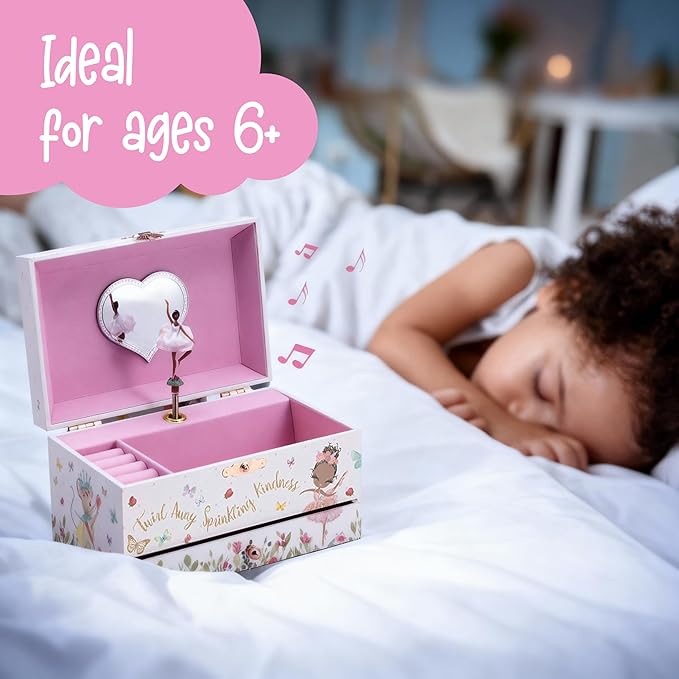 The Memory Building Co Black Ballerina Musical Jewelry Box Plays Classic Melody, Storage Organizer Music Box for Kids Ages 6-12 MDF Wood w/ 2 Fabric Lined Ring Bracelet Necklace Treasure Compartments