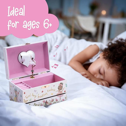 The Memory Building Co Black Ballerina Musical Jewelry Box Plays Classic Melody, Storage Organizer Music Box for Kids Ages 6-12 MDF Wood w/ 2 Fabric Lined Ring Bracelet Necklace Treasure Compartments