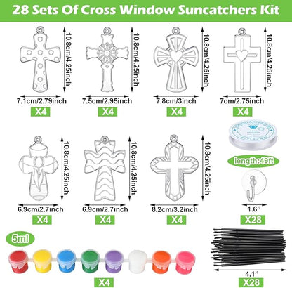 Poen 28 Sets Religious Cross Suncatchers Kits for Kids Ornaments Crafts Flip Flop Window Paint Art DIY Decor for Sunday School VBS Classroom Activities Holiday Party