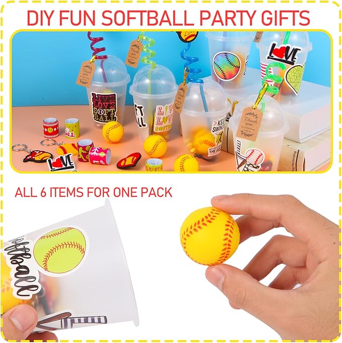 LiYiQ 158 Pcs Softball Party Favors Softball Party Supplies With Cup Straw Stress Ball Keychain Sticker Slaps Bracelets Whistle Thank You Tags For Softball Birthday Decorations (Softball)