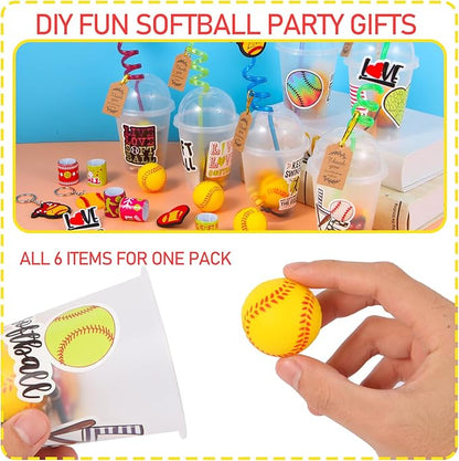 LiYiQ 158 Pcs Softball Party Favors Softball Party Supplies With Cup Straw Stress Ball Keychain Sticker Slaps Bracelets Whistle Thank You Tags For Softball Birthday Decorations (Softball)