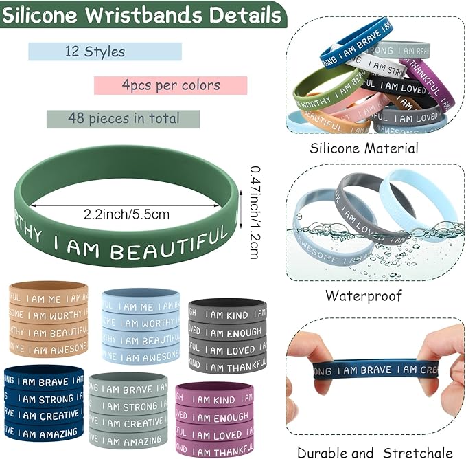 Sratte 48 Pcs Inspirational Silicone Wristbands Rubber Stretch Unisex Bracelets Student Gift Stocking Suffers for Class(Vibrant Color)