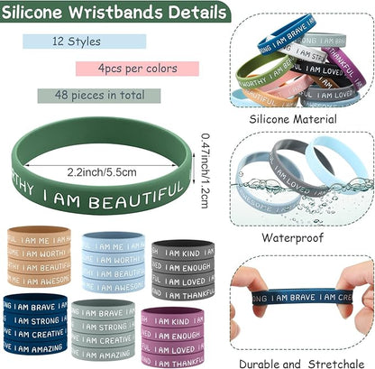 Sratte 48 Pcs Inspirational Silicone Wristbands Rubber Stretch Unisex Bracelets Student Gift Stocking Suffers for Class(Vibrant Color)