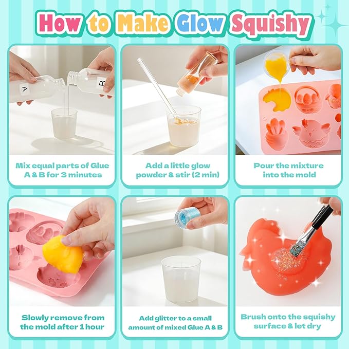 Crelloci Glow in the Dark Squishy DIY Kit for Kids 6+, Easter Animal Squishy Making Craft Set with Silicone Mold, Glow Powder, Glitter & Charms, Sensory Fidget Toy, Easter Basket Stuffer Gift