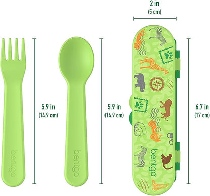 Bentgo Kids Utensil Set - Reusable Plastic Fork, Spoon & Storage Case - BPA-Free Materials, Easy-Grip Handles, Dishwasher Safe - Ideal for School Lunch, Travel, & Outdoors (Safari)
