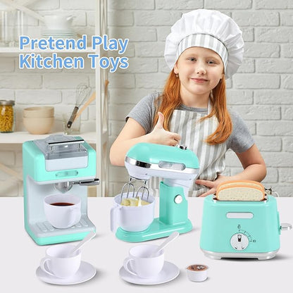 Kitchen Appliances Toys, Play Kitchen Accessories Set for Kids, Pretend Kitchen Toys with Coffee Maker, Mixer and Toaster, Play Kitchen Set for Kids (Green)