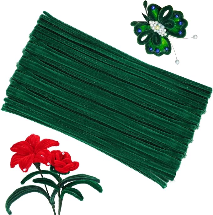 100 Pcs Pipe Cleaners, Fuzzy Chenille Stems Green Pipe Cleaners Craft, Pipe Cleaners Bulk for Festivals Flower Making, Arts and Crafts Decorations Supplies