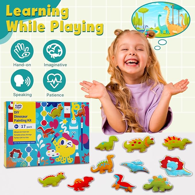KIDDYCOLOR Kids Arts & Crafts Plaster Painting Craft Kit Art Set - Decorate Your Dinosaurs and Create Your own Dinosaur World as a Gift for Ages 3-12