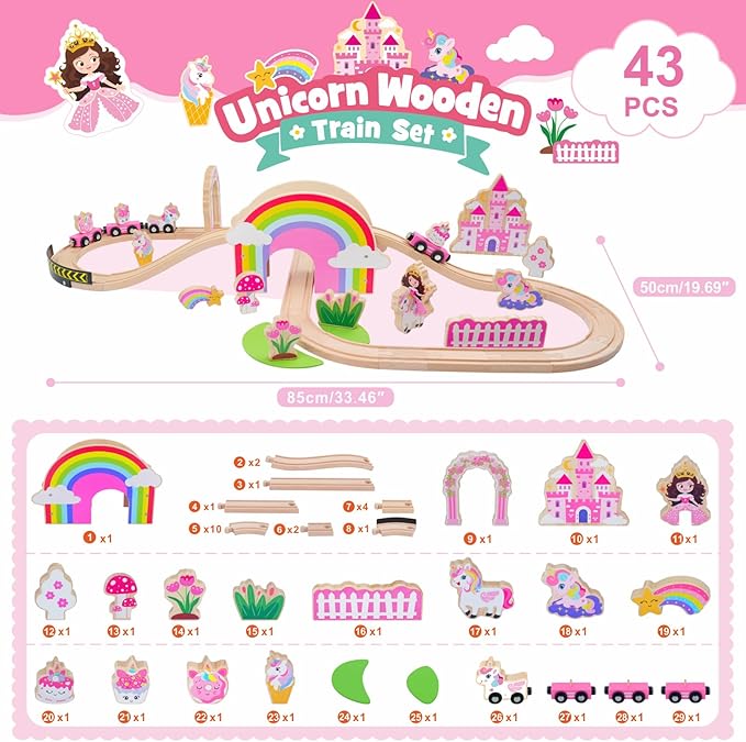 SIMPLIPLAY Wooden Train Set - 43PCS Unicorn Magnetic Toy Train Sets with Wooden Train Tracks & Bridge for Girls Toddlers, Enhance Fine Motor Skills, Ideal for Birthday