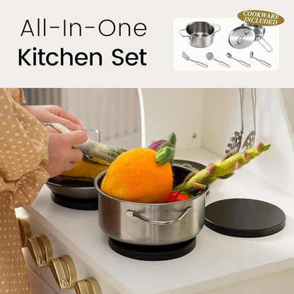 Tiny Land Play Kitchen for Kids, Wooden Play Kitchen with Toy Storage System, Toy Kitchen Set with Plenty of Play Features, Kids Play Kitchen Designed, Gift for Ages 3+